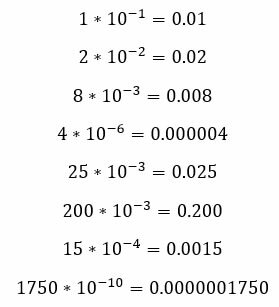 Exemplos de notação decimal com notação científica