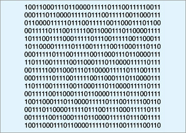 Estrutura do código binário. Cada oito dígitos equivale a um byte. Seria quase impossível representar graficamente um kilobyte em uma imagem.
