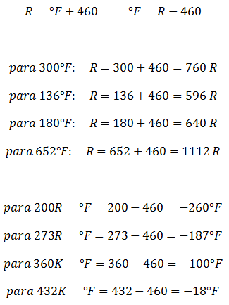 Exemplos de conversão de temperaturas de Fahrenheit para Rankine e vice-versa