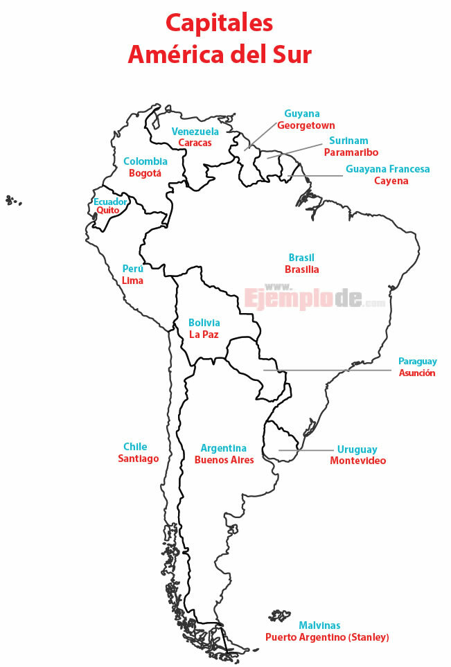 Dél-Amerika országainak és fővárosainak térképe