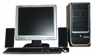 Um exemplo típico de computador multimídia. A tela possui alto-falantes embutidos e à parte, o computador possui alto-falantes externos para aumentar a qualidade do som.
