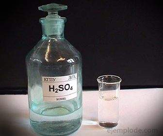 Bottle with Sulfuric Acid. It is made of glass to resist the corrosive action of the same
